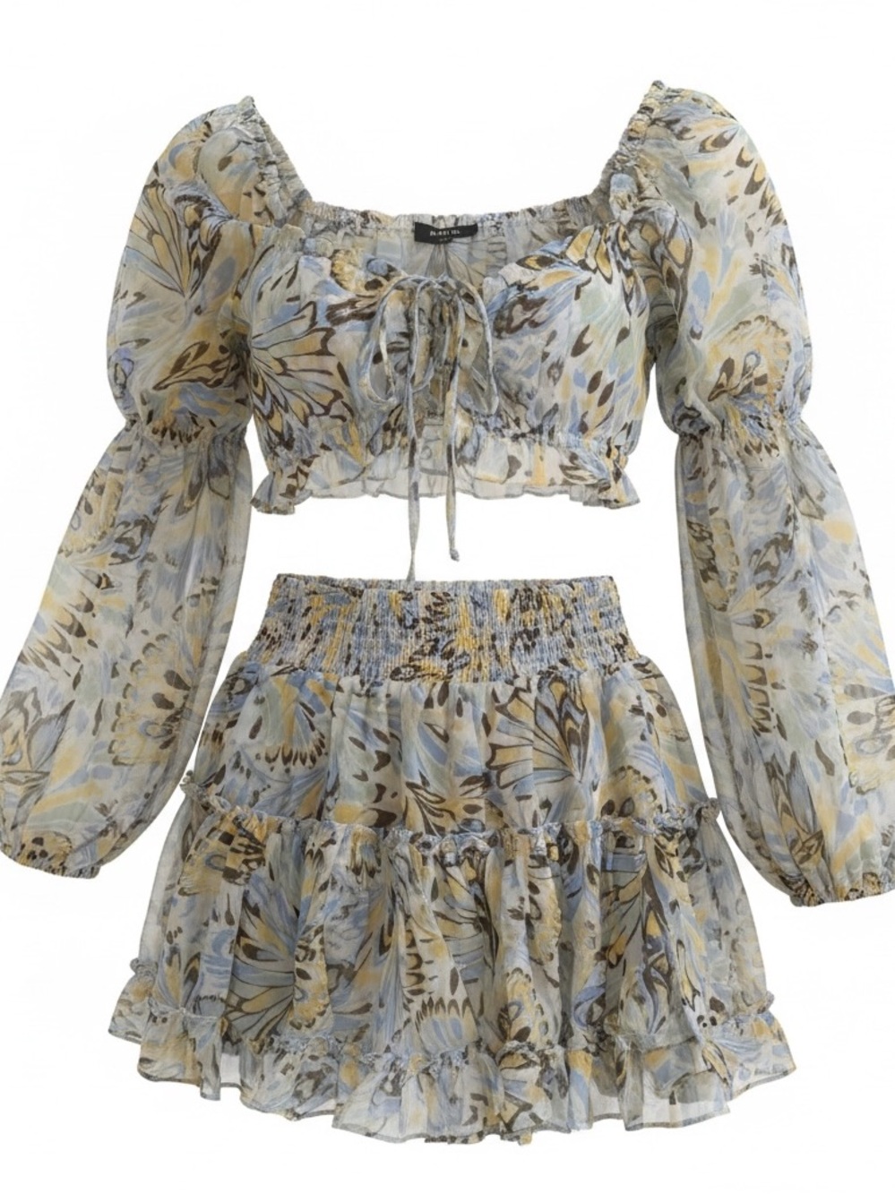 Floral Puff-Sleeve Crop Top and Ruffle Mini Skirt Set - Pale Blue & Cream